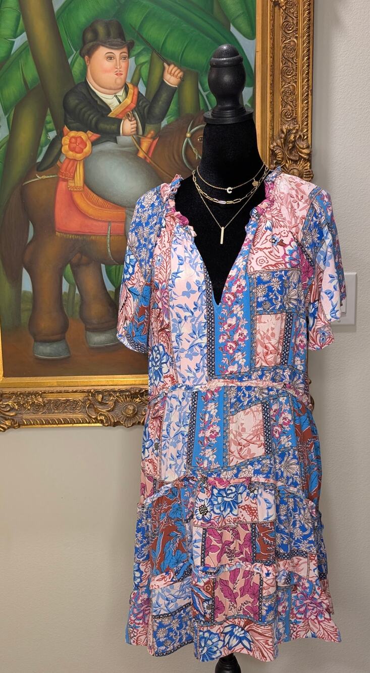 By Anthropologie Robin Patchwork Floral Tiered Mini Dress Flutter Sleeve Women M